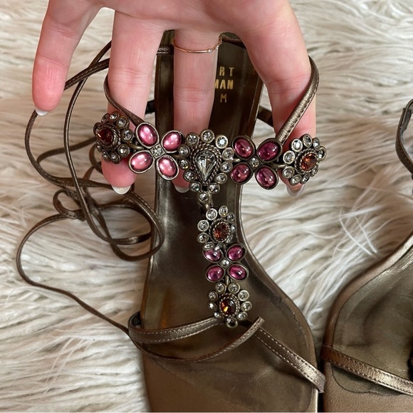 Stuart Weitzman Bronze Leather Crystal Embellished Square Toe Lace Up Sandals 8 - Picture 7 of 12